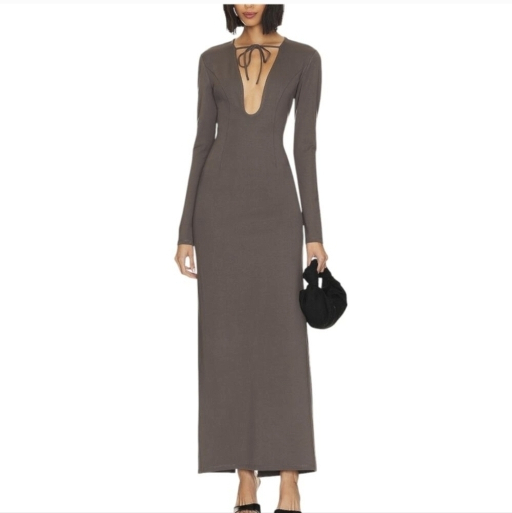 LPA SANTINO Maxi Grey Tie Front Elegant Long Sleeve Dress Size M FORMAL EVENT